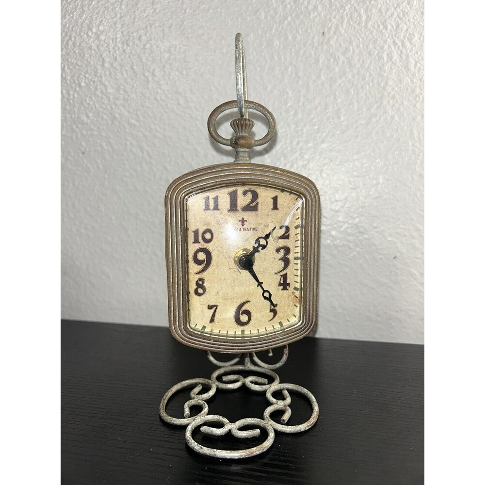 Vintage Style Metal Clock On Hanging Stand Steampunk Look Tested Works 9” Decor